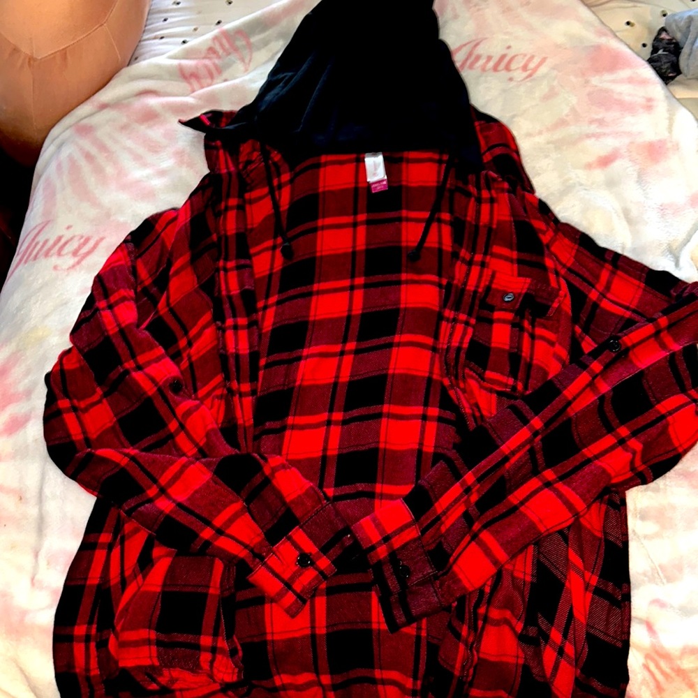 NO BOUNDARIES RED HOODED FLANNEL SHIRT SZ XXXL